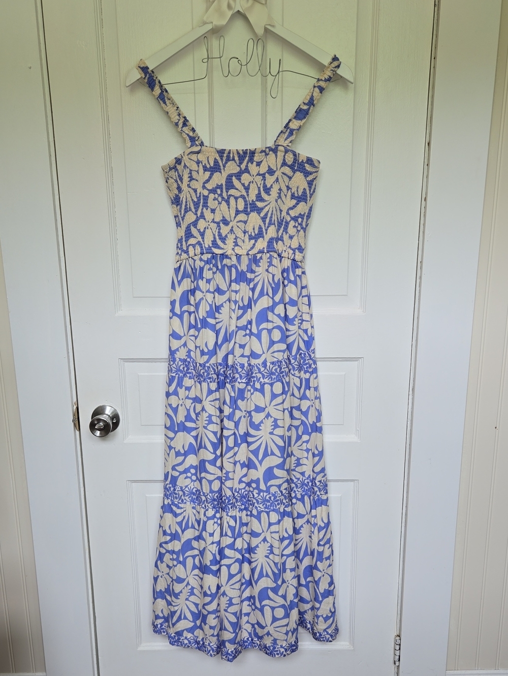 Marine Layer Blue and White Tropical Smocked Maxi Dress